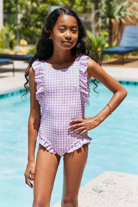 Swim Float On Ruffled Girls One-Piece Swimsuit in Carnation Pink Stylish Beachwear Set