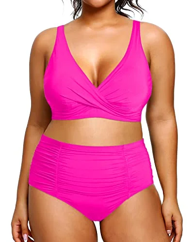 Ruched 2 Piece Plus Size Bikini High Waisted Swimsuits Tummy Control Bathing Suits-Neon Pink Chic Bikini Set