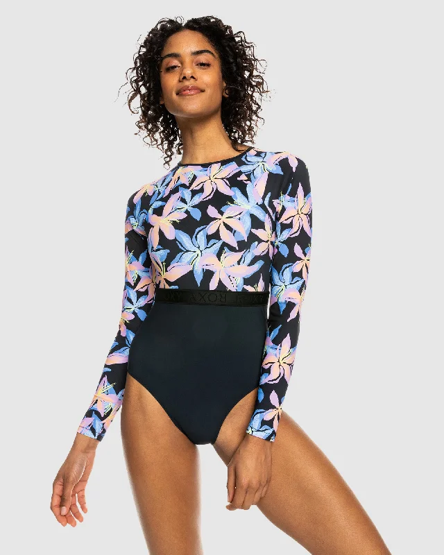 Womens Roxy Active Long Sleeve One-Piece Swimsuit Shiny One-Piece Swimsuit