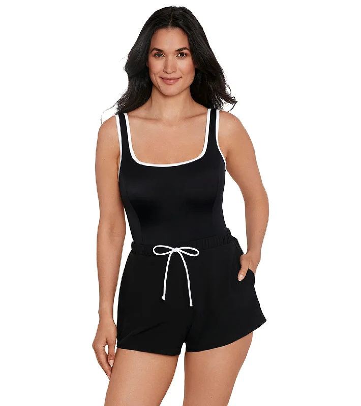 Shape Solver SPORT Women's Contrast Binding Sport Swim Romper Black/White Chic Swimsuit Cover-Up