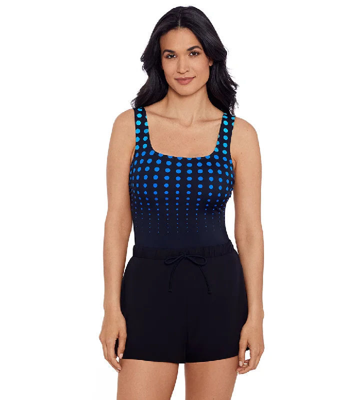 Shape Solver SPORT Women's Going in Circles Scoop Neck Swim Romper Blue Sporty Swim Shorts