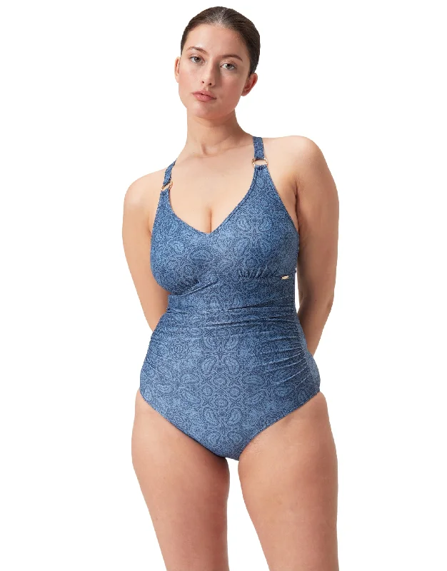 Shaping Printed V Neck Swimsuit - Washed Blue Retro Swimwear Style