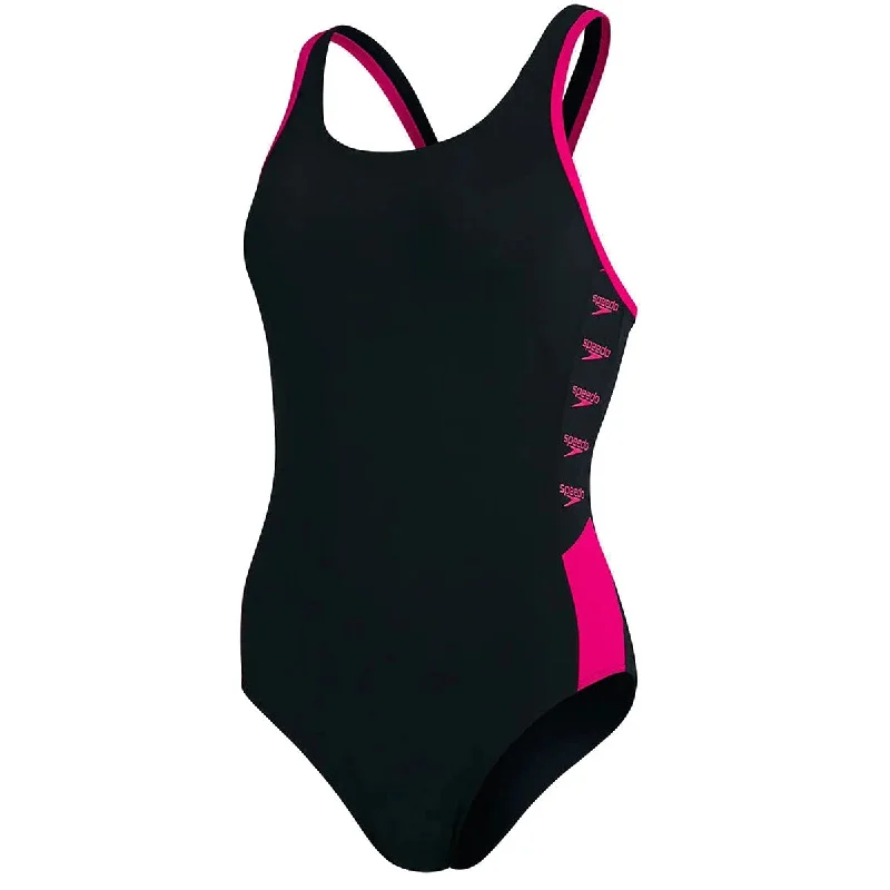 Speedo Boom Logo Splice Muscleback Swimsuit - Womens - Black/Pink Two-Piece Beachwear