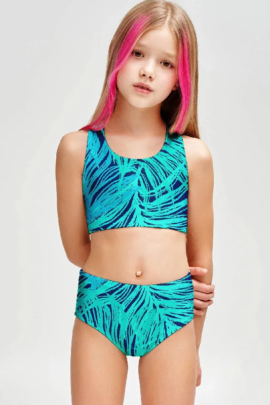 Tropical Dream Claire Blue Two-Piece Swimsuit Sporty Swim Set - Girls Playful Pattern Swimsuit