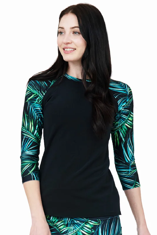 Tropical Leaves Rashguard Swim Top High-Cut One-Piece