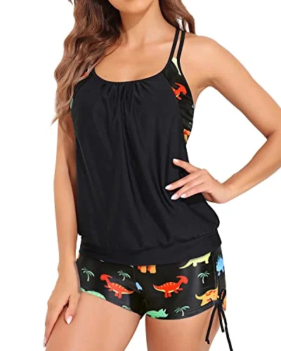 Tummy Control Blouson Tankini Two Piece Swimsuits for Women Beach Ready Swimsuit