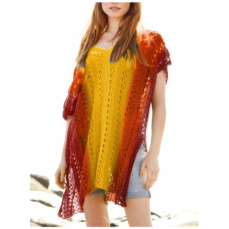 Wholesale 2023 Knitting Swimsuit Crochet Bikini Bohemia Style Beach Cover Ups Rainbow Strip Vestido Hole Knitted Bath Exits Wear Timeless Black Bikini