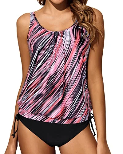 Blouson Tummy Control Two Piece Swimsuits For Women-Pink Stripe Minimalist One-Piece