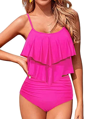 Flowy Two Piece Tankini Swimsuits With High Waisted Bottoms For Women-Neon Pink Classic One-Piece