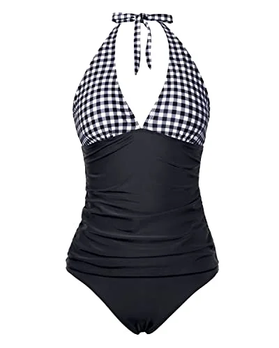 Women's Adjustable Self Tie Shoulder Strap Tankini Bathing Suit-Black Plaid Stylish Swimsuit Set