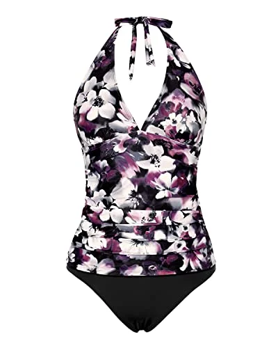 Open Back Ruched Tankini Bathing Suit For Women Tummy Control Swimsuit-Purple Floral Lace-Detail Bikini Set