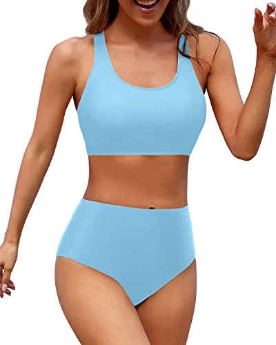 High Cut Legs Women High Waisted Two Piece Bikini Sports Crop Top Swimsuit-Blue Lace Back Bikini