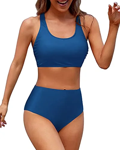 Sporty Criss Cross Back Two Piece Bikini Sports Crop Top Swimsuit-Blue Chic Swimsuit Cover-Up