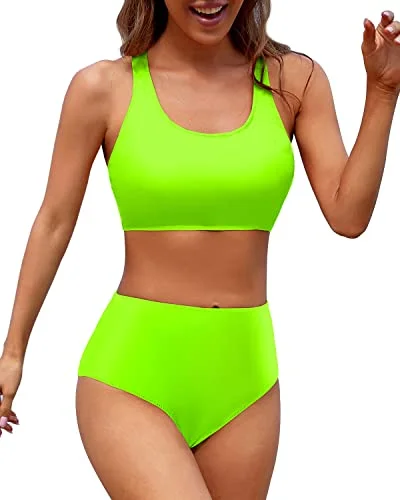 Criss Cross Back Women's High Waisted Two Piece Bikini Sports Crop Top Swimsuit-Neon Green Elegant Ruffled Bikini