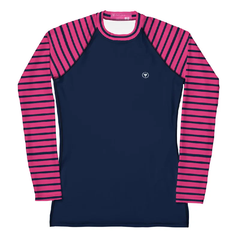 Women's Long Sleeve Rash Guard UPF 50 Sun Protection Modest Swim Tee, Pink Stripe V-Neck Swim Dress