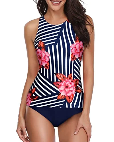 Modest Tummy Control Tankini Bathing Suit-Blue Floral Sporty Swimwear Bottoms