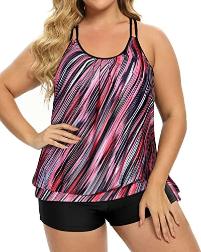 Plus Size Two Piece Tankini Swimsuit For Tummy Control-Pink Stripe Soft Beachwear Set