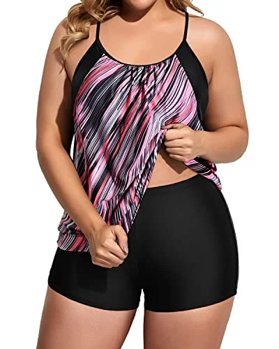 Two Piece Push Up Tankini Top With Boy Shorts For Women Plus Size-Black And Pink Stripes Crisscross Back Swimsuit