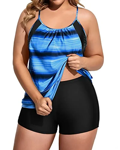 Two Piece Tummy Control Tankini Swimsuits For Women Plus Size-Blue And Black Stripe High-Waisted Swim Bottoms