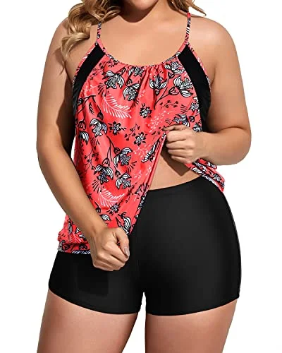 Deep Cut Two Piece Tankini Swimsuits With Boyshorts For Plus Size Women-Pink Leaf And Black Soft Beachwear Set