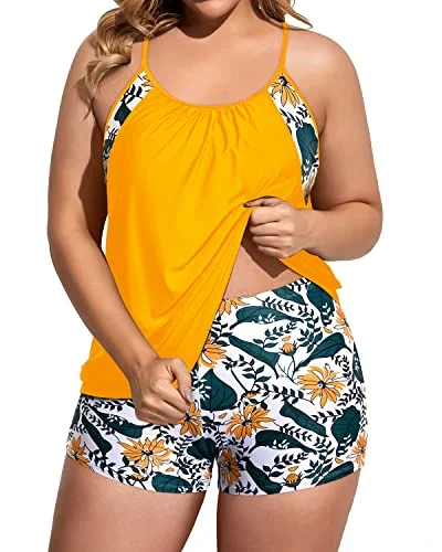 Women's Push Up Tankini Top With Boy Shorts For Plus Size Bathing Suits-Yellow Floral Color-Block Bikini