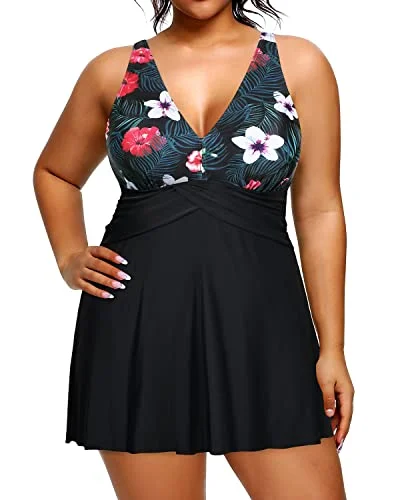 Women's Full Power Mesh Lining Plus Size One Piece Swimsuit-Black Floral Comfortable Swim Dress