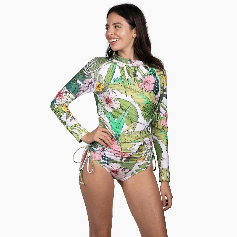 Women's Ruched Sides Long Sleeve Swimsuit Set, UPF 50 - Vintage Tropical Floral Plus-Size Bikini Set