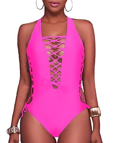 Strappy Cutout Monokini One Piece Swimsuit For Curvy Women-Neon Pink Luxury Swimsuit Style