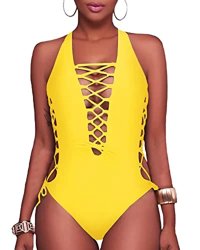 Sexy Strappy One Piece Swimsuit For Curvy Women-Neon Yellow Adjustable Strap Swimsuit