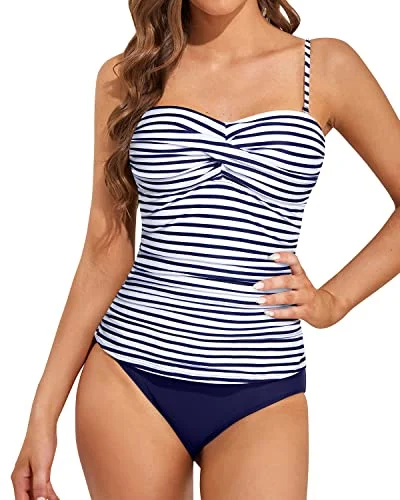 Flattering Tummy Control Bandeau Tankini Bathing Suits-Blue White Stripe Push-Up Bikini Bottoms