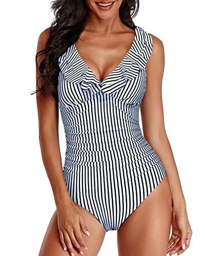 Tummy Control One Piece Swimsuits With Ruched Pattern-Black And White Stripe Plunge Neckline Swimsuit