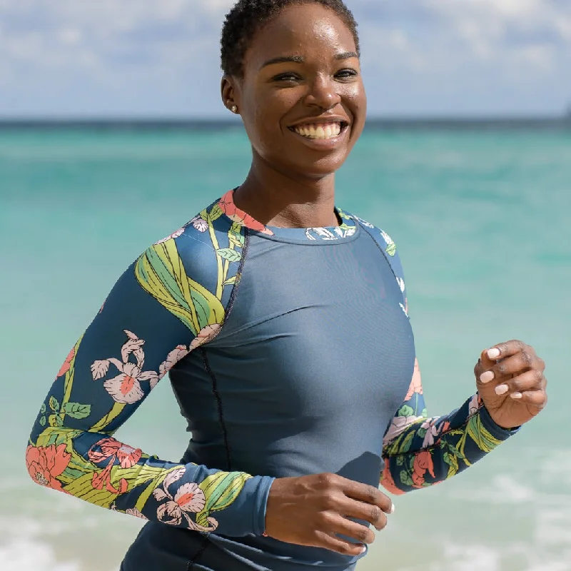 Women's UPF 50 Rash Guard Swim Shirt - Blue Seychelles Floral Shiny One-Piece Swimsuit