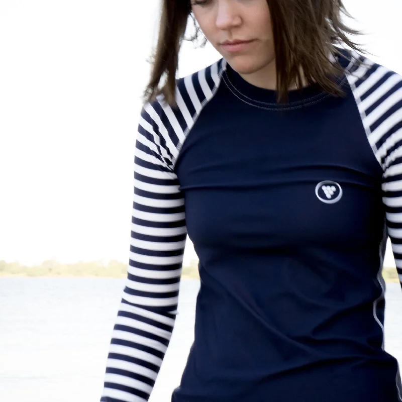 Women's UPF 50+ Swim Sun Shirt Rash Guard, Navy White Stripe Modern High-Waisted Swimsuit