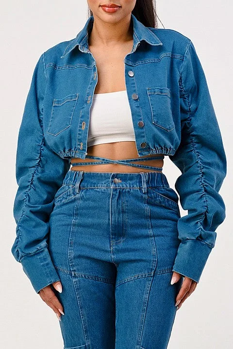 CASUAL CROPPED LONG SLEEVE DENIM JACKET Boat Neck Shawl Collar Notched Collar