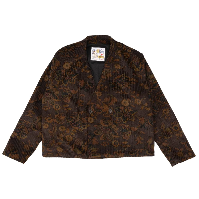 Collarless Jacket  - Paisley Corduroy  - Brown Notch Collar Peter Pan Collar Cowl Neck