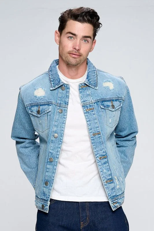 Men's Denim Jacket with Distressed Print Jacket Jacquard Jacket Patchwork Jacket