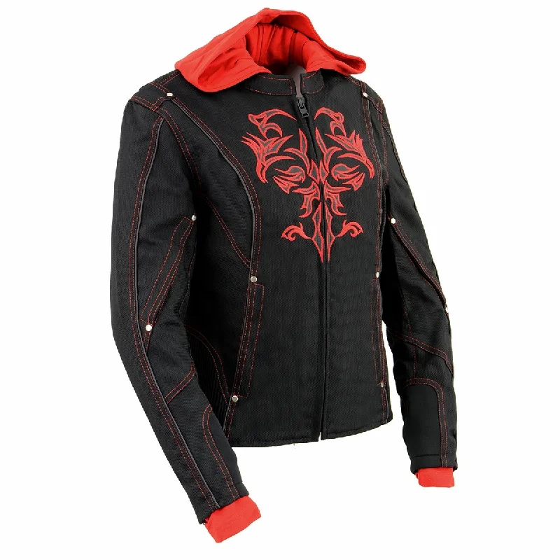 NexGen SH1939 Women's 'Reflective Tribal' Red and Black 3/4 Textile Vented Jacket Rayon Fabric Velvet Fabric Corduroy Fabric