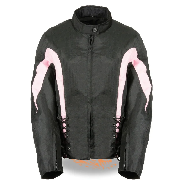 Nexgen SH2188 Women's Black and Pink Textile Motorcycle Riding Jacket with Side Stretch and Lacing One-Shoulder Jacket Off-the-Shoulder Jacket Asymmetrical Jacket