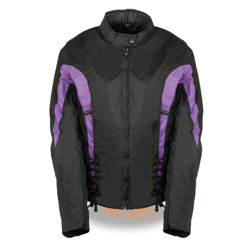 Nexgen SH2188 Women's Black and Purple Textile Motorcycle Riding Jacket with Side Stretch and Lacing Zip Front Button Front Snap Front