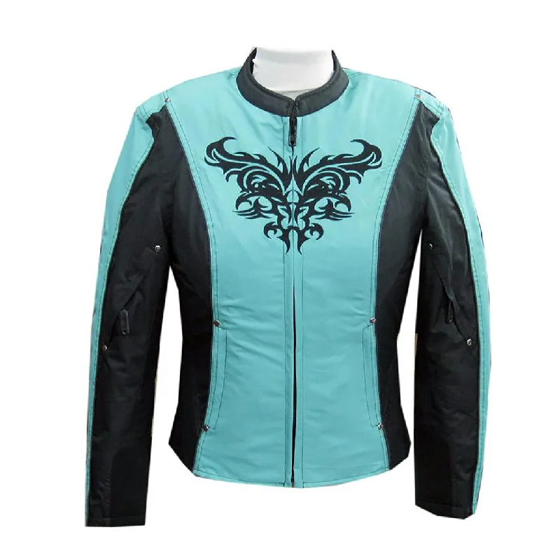 NexGen SH2367 Women's Turquoise and Black Textile Jacket with Embroidery Artwork Striped Jacket Polka Dot Jacket Floral Jacket