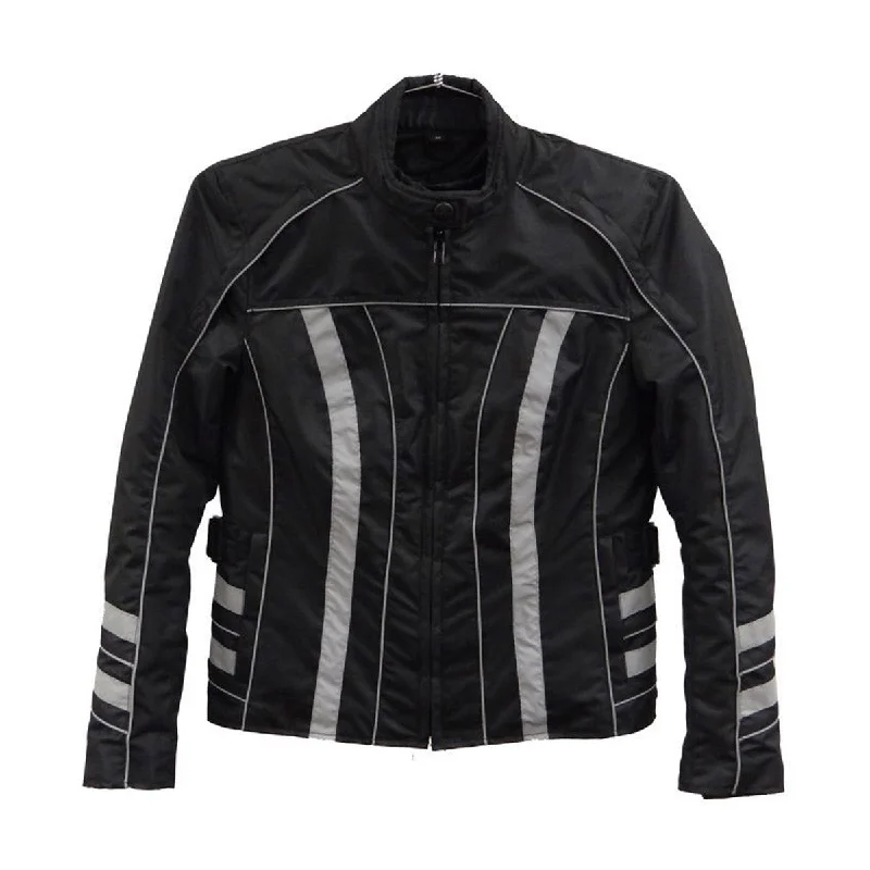 NexGen SH2394 Women's Black and Silver Textile Racer MC Jacket Front Pockets Side Pockets Patch Pockets