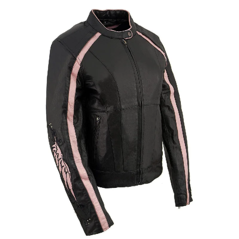 PINK Leather ML1952 Women's Black and Pink Embroidered and Stud Design Scooter Jacket Fleece Fabric Down Fabric Feather Fabric