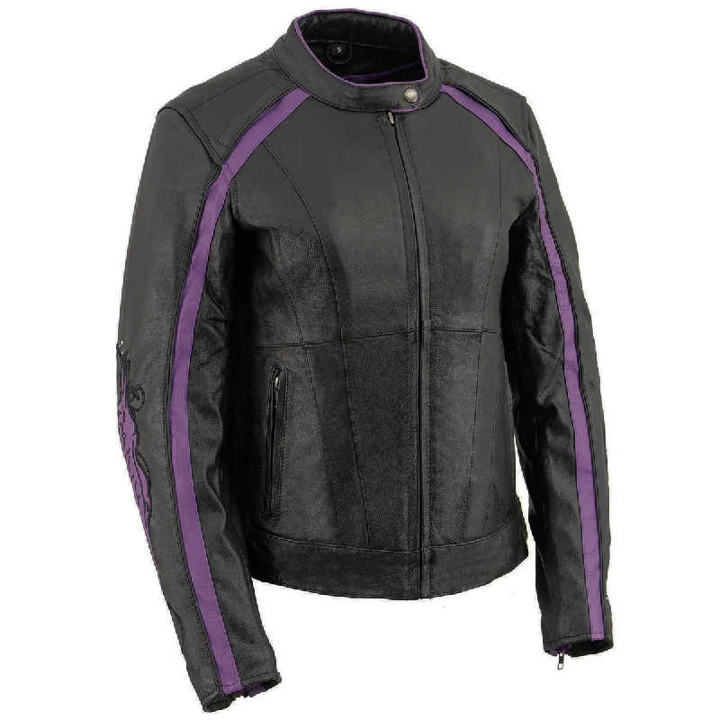 PURPLE Leather ML1952 Women's Black and Purple Embroidered and Stud Design Scooter Jacket Embroidered Jacket Appliqued Jacket Beaded Jacket