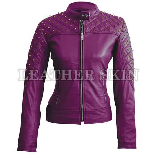 Women Purple Leather Jacket Fleece Fabric Down Fabric Feather Fabric