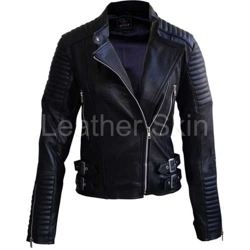 Women Black Padded Leather Jacket Hoodie Zip-Up Jacket Button-Up Jacket