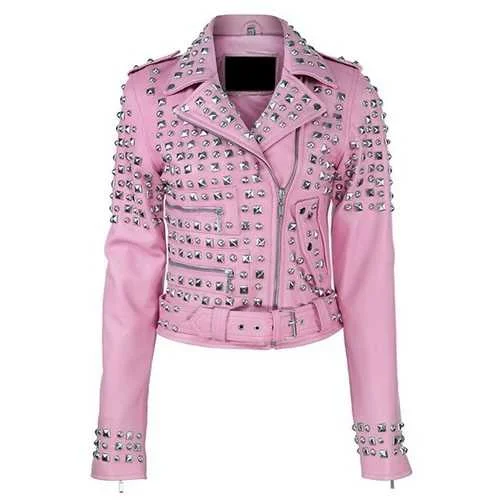 Women Pink Leather Jacket Lace Jacket Ribbed Jacket Sequined Jacket