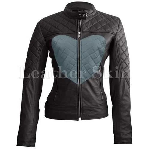 Women Heart Leather Jacket Collared Jacket Crew Neck Jacket Turtle Neck Jacket