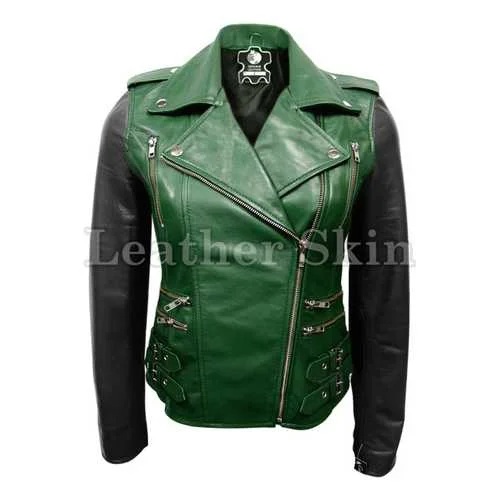 Women Green Leather Jacket Welt Pockets Slit Pockets Flap Pockets