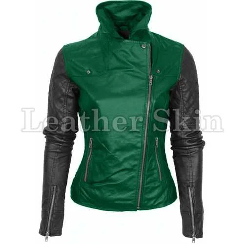 Women Green Leather Jacket Collared Jacket Crew Neck Jacket Turtle Neck Jacket