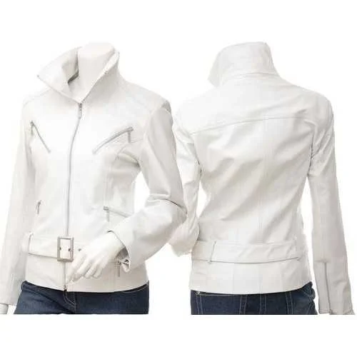 White Women Leather Jacket Boat Neck Shawl Collar Notched Collar